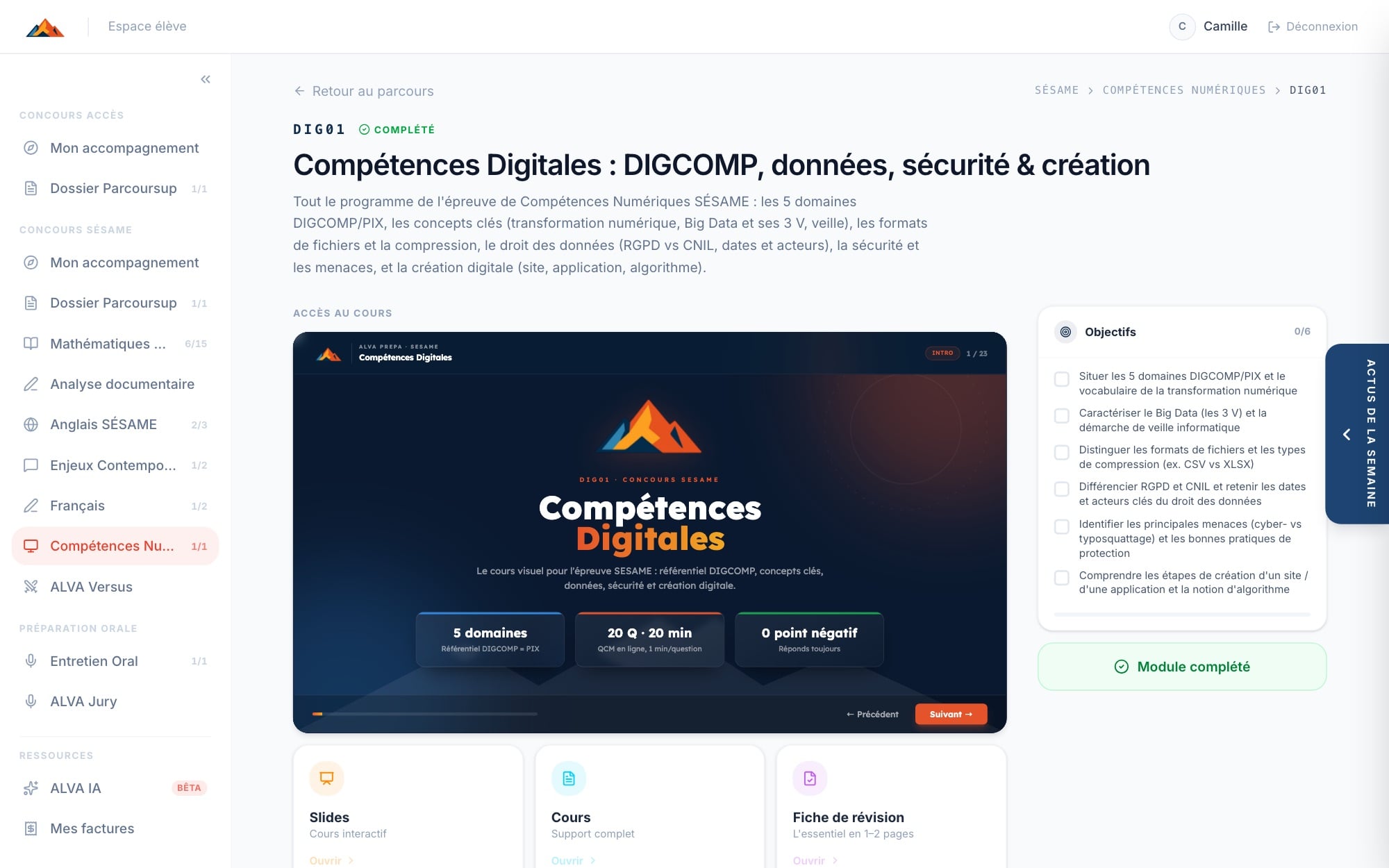 Le cours DIG01 Compétences digitales ouvert : lecteur de diapositives, objectifs et supports